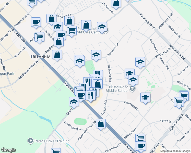 map of restaurants, bars, coffee shops, grocery stores, and more near 109 Bristol Road East in Mississauga