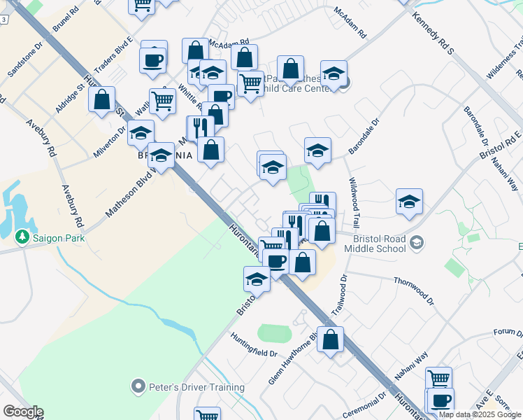 map of restaurants, bars, coffee shops, grocery stores, and more near in Mississauga