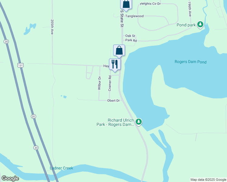 map of restaurants, bars, coffee shops, grocery stores, and more near 10350 Cramer Road in Big Rapids
