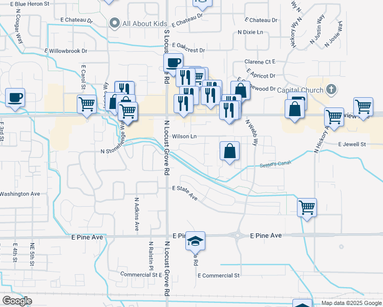 map of restaurants, bars, coffee shops, grocery stores, and more near 1470 North Locust Grove Road in Meridian