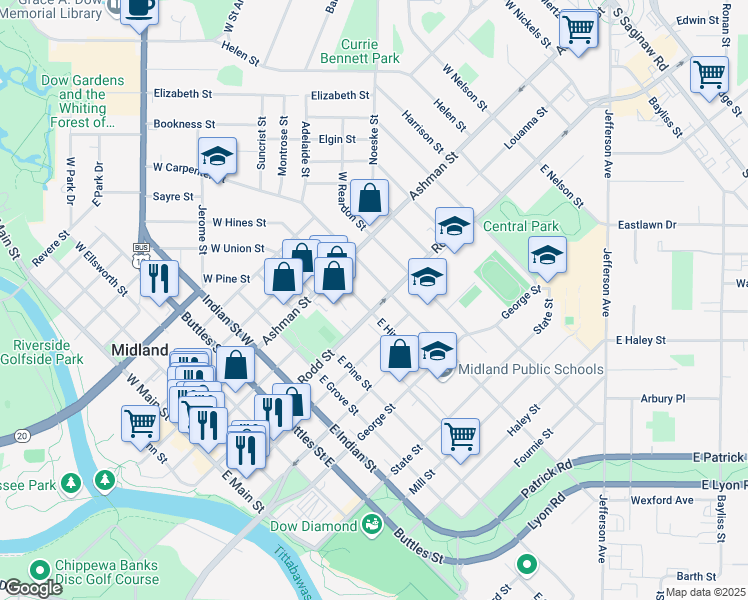 map of restaurants, bars, coffee shops, grocery stores, and more near 1005 Rodd Street in Midland