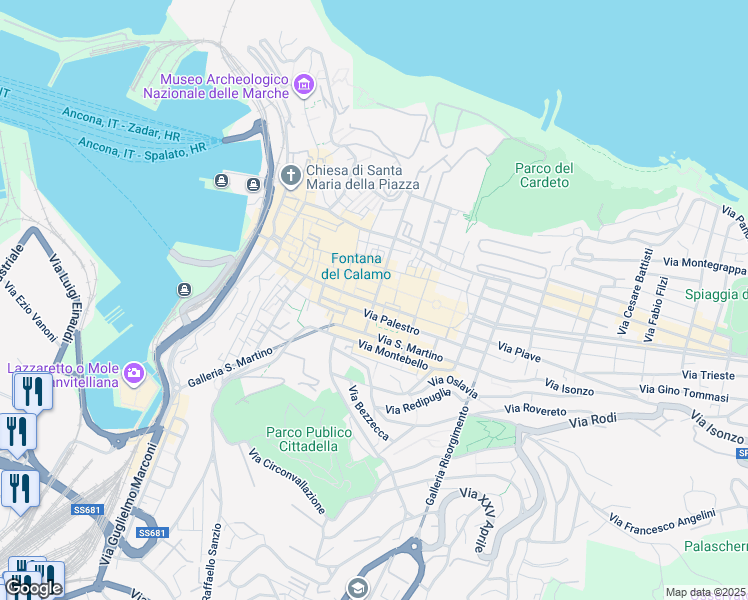 map of restaurants, bars, coffee shops, grocery stores, and more near 60 Corso Stamira in Ancona