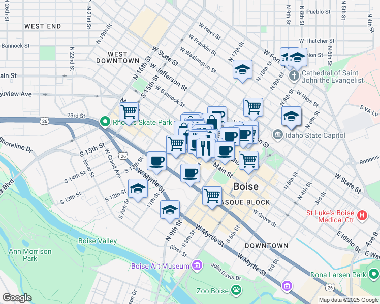 map of restaurants, bars, coffee shops, grocery stores, and more near in Boise
