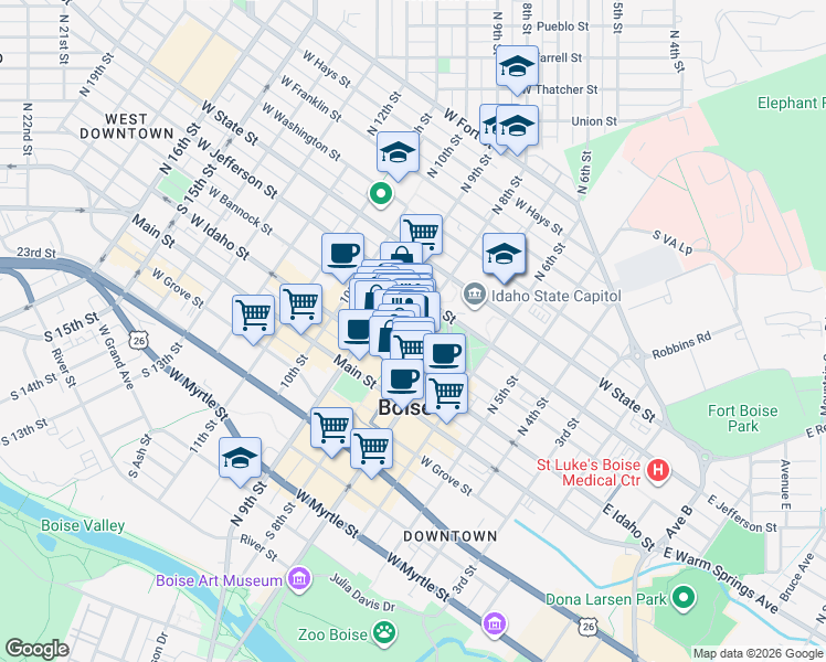 map of restaurants, bars, coffee shops, grocery stores, and more near West Bannock Street & North 8th Street in Boise