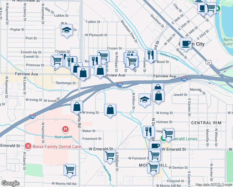 map of restaurants, bars, coffee shops, grocery stores, and more near 5411 West Kendall Street in Boise