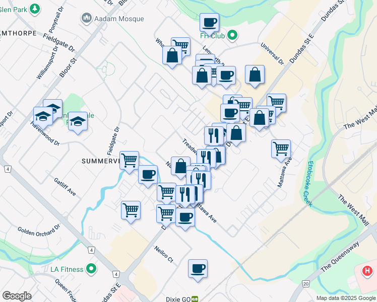 map of restaurants, bars, coffee shops, grocery stores, and more near 3040 Knob Hill in Mississauga