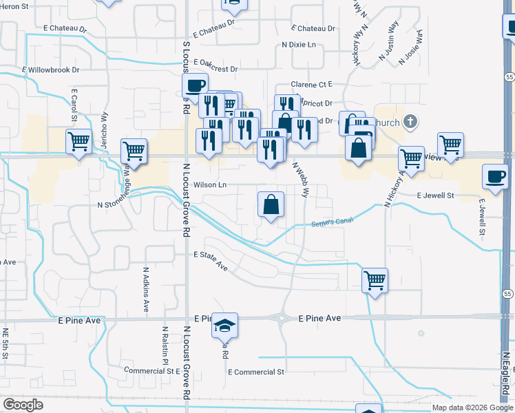 map of restaurants, bars, coffee shops, grocery stores, and more near 1931 East Wilson Lane in Meridian