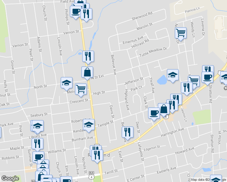 map of restaurants, bars, coffee shops, grocery stores, and more near 34 High Street in Rutland
