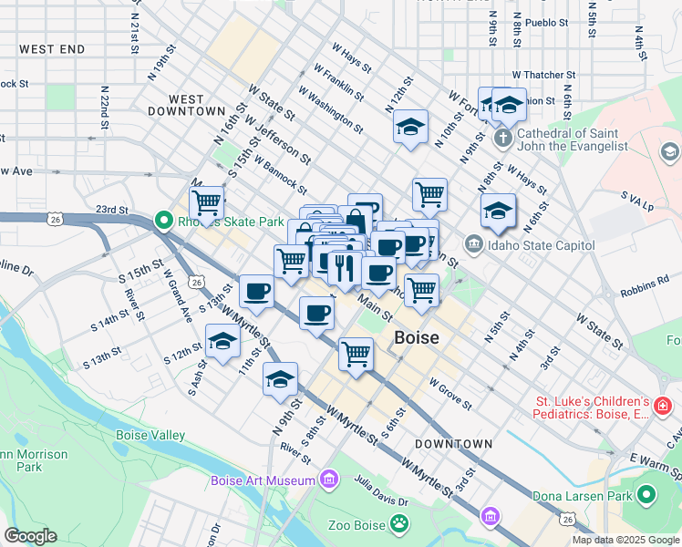 map of restaurants, bars, coffee shops, grocery stores, and more near 1008 West Main Street in Boise