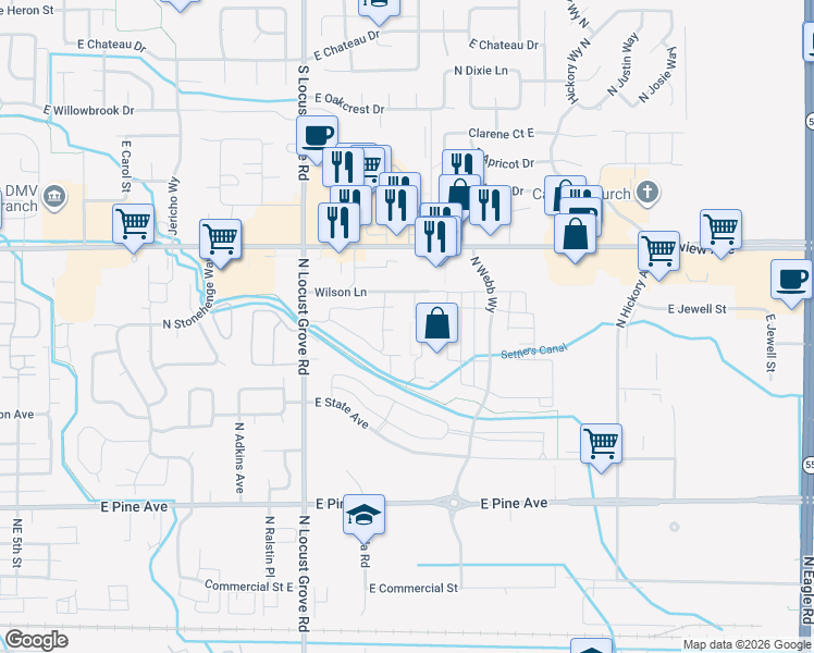 map of restaurants, bars, coffee shops, grocery stores, and more near 1927 Wilson Lane in Meridian