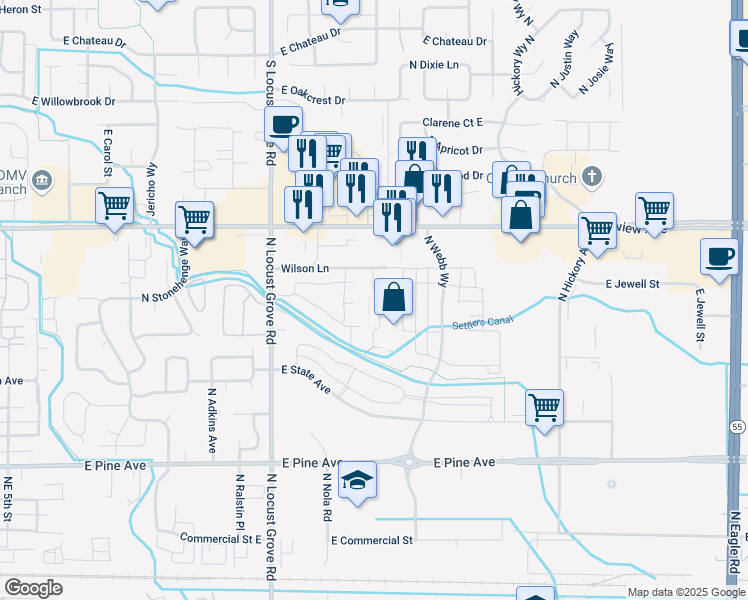 map of restaurants, bars, coffee shops, grocery stores, and more near 1931 East Wilson Lane in Meridian