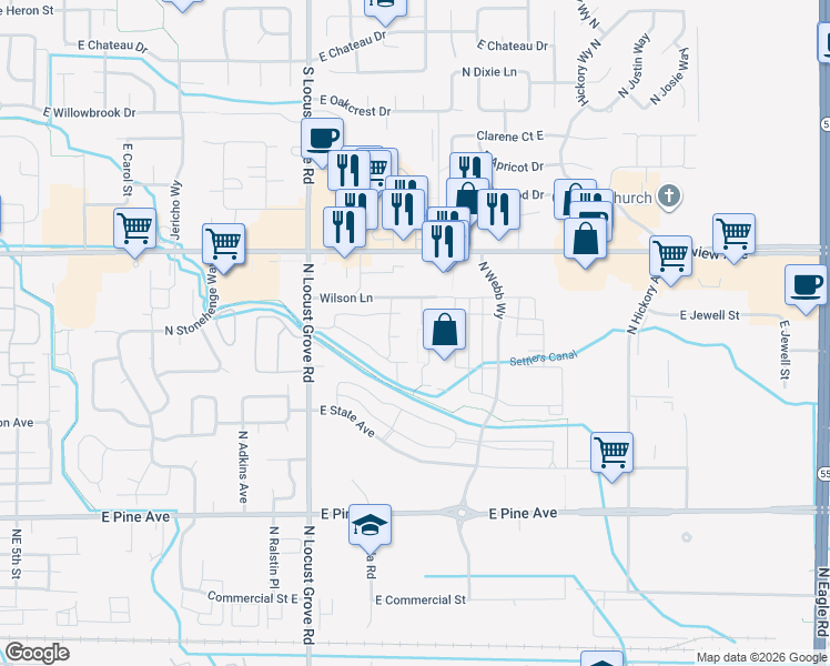 map of restaurants, bars, coffee shops, grocery stores, and more near 1931 East Wilson Lane in Meridian