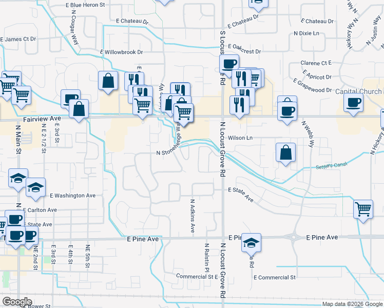 map of restaurants, bars, coffee shops, grocery stores, and more near 1312 North Penn Station Lane in Meridian