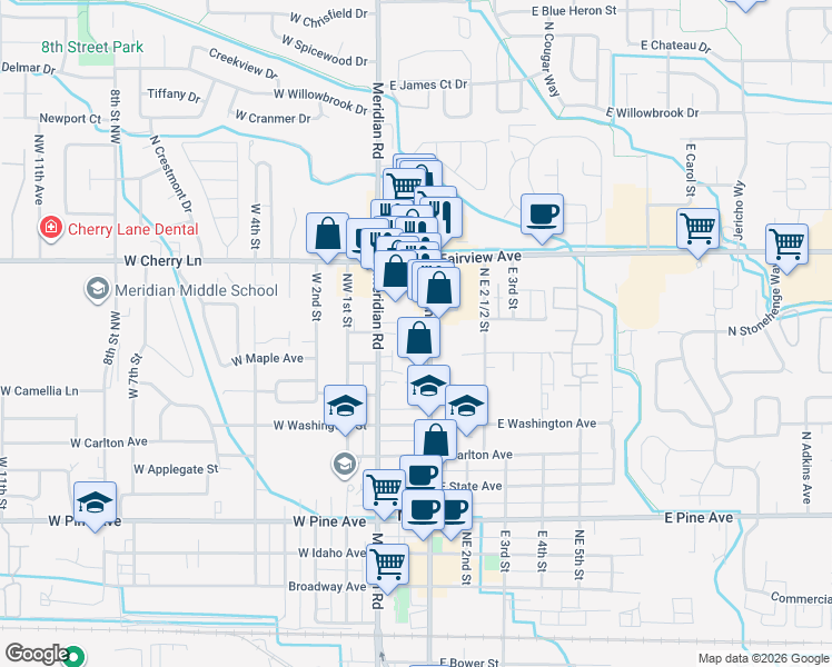 map of restaurants, bars, coffee shops, grocery stores, and more near 1423 North Main Street in Meridian