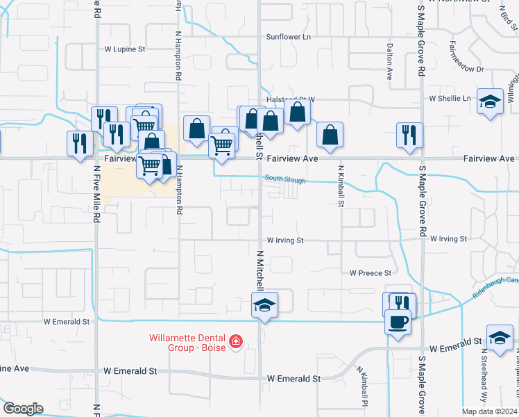 map of restaurants, bars, coffee shops, grocery stores, and more near 9333 West Jewell Street in Boise
