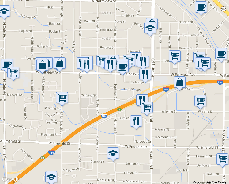 map of restaurants, bars, coffee shops, grocery stores, and more near 1301 North Hartman Street in Boise