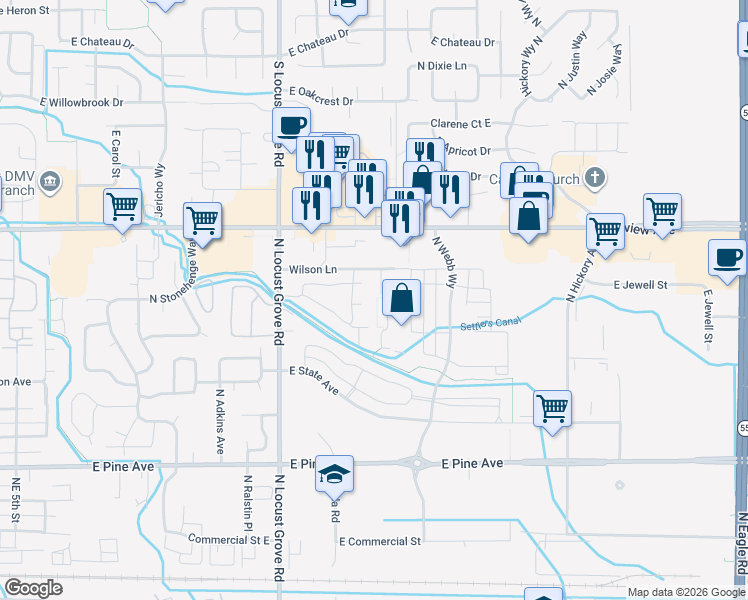 map of restaurants, bars, coffee shops, grocery stores, and more near 1931 East Wilson Lane in Meridian