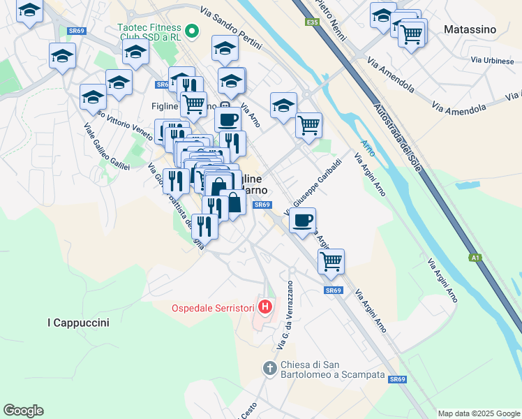 map of restaurants, bars, coffee shops, grocery stores, and more near 14 Via Francesco Petrarca in Figline Valdarno