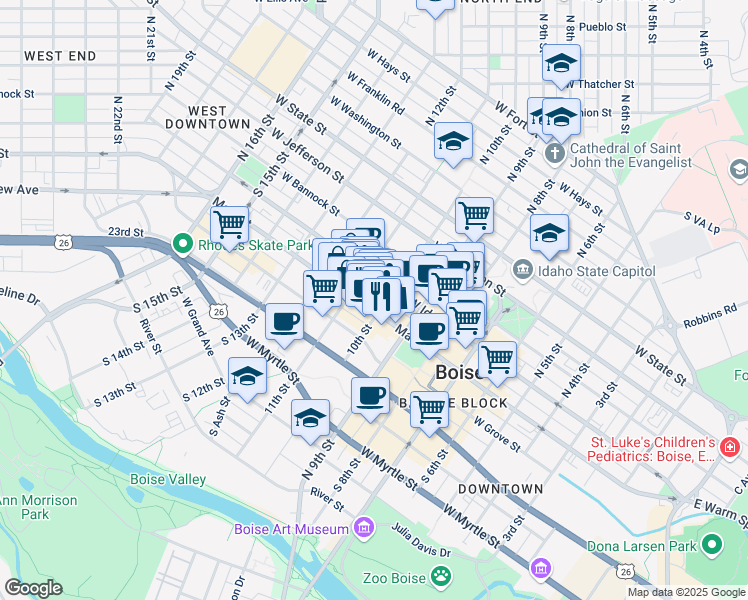 map of restaurants, bars, coffee shops, grocery stores, and more near 1008 West Main Street in Boise