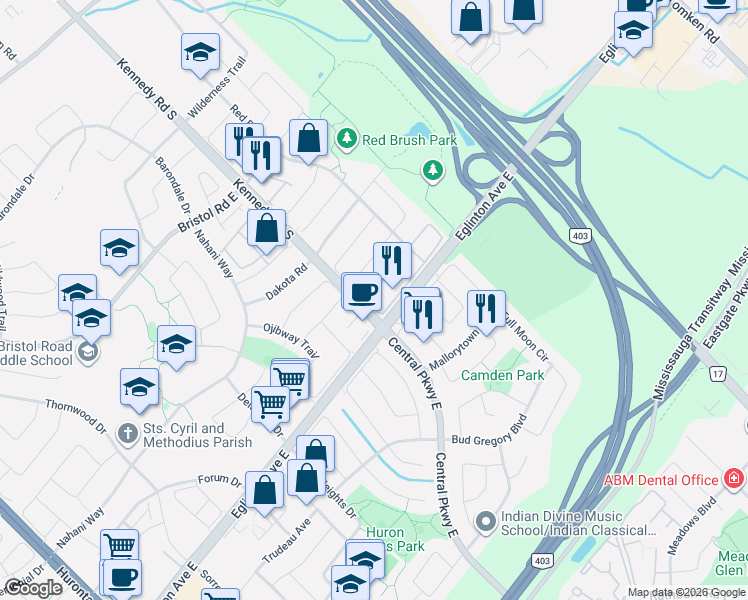 map of restaurants, bars, coffee shops, grocery stores, and more near 514 Candlestick Circle in Mississauga