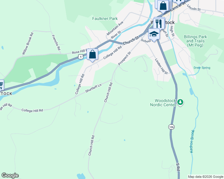 map of restaurants, bars, coffee shops, grocery stores, and more near 595 Church Hill Road in Woodstock