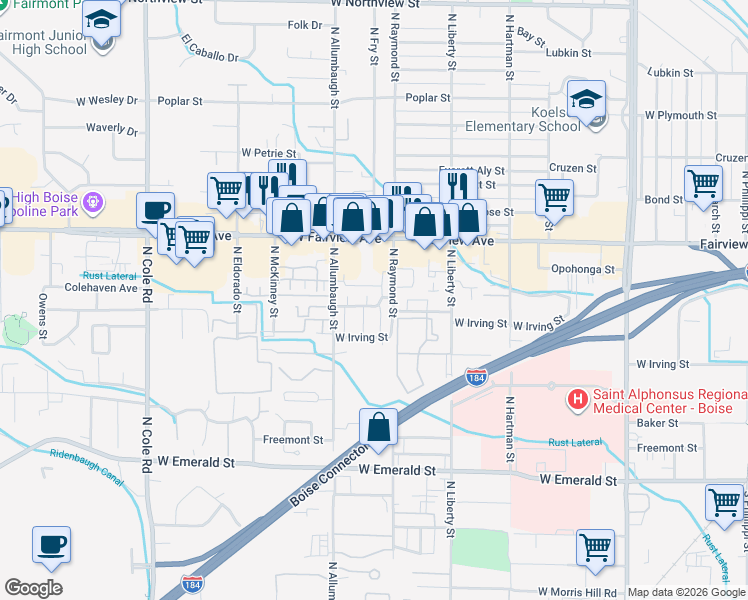 map of restaurants, bars, coffee shops, grocery stores, and more near 6703 West Colehaven Drive in Boise