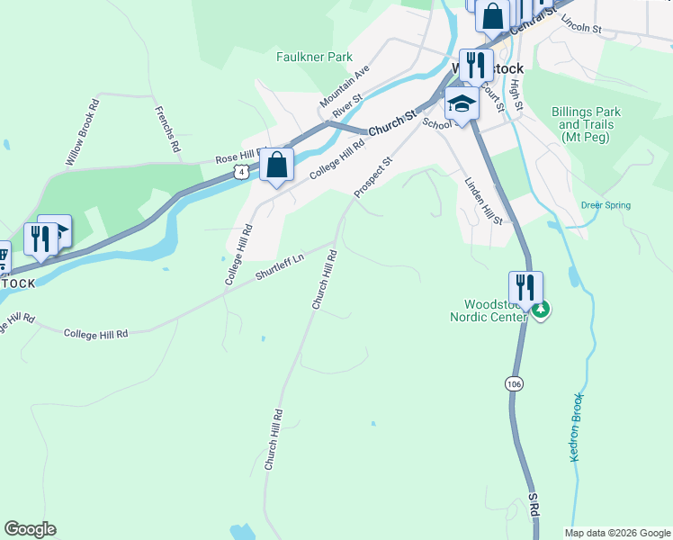 map of restaurants, bars, coffee shops, grocery stores, and more near 595 Church Hill Road in Woodstock