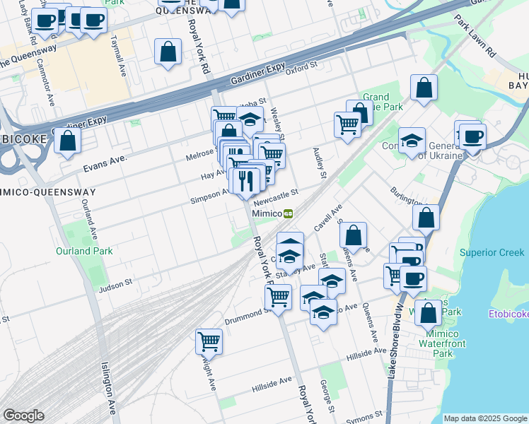 map of restaurants, bars, coffee shops, grocery stores, and more near in Toronto
