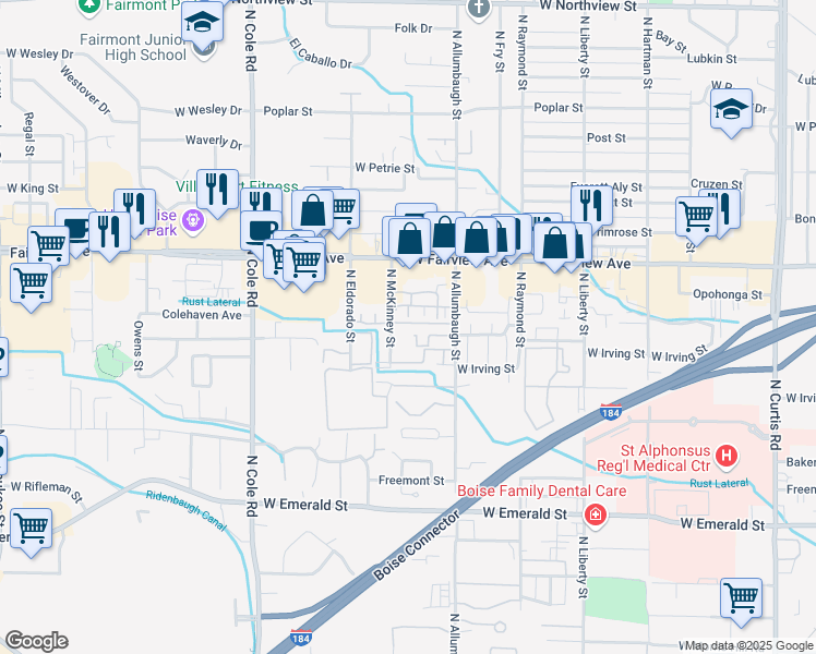 map of restaurants, bars, coffee shops, grocery stores, and more near 1400 North McKinney Lane in Boise