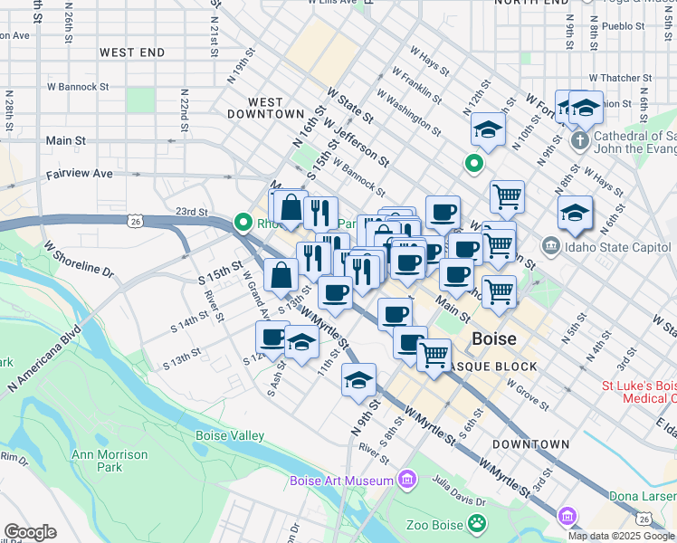 map of restaurants, bars, coffee shops, grocery stores, and more near 1204 U.S. 20 in Boise