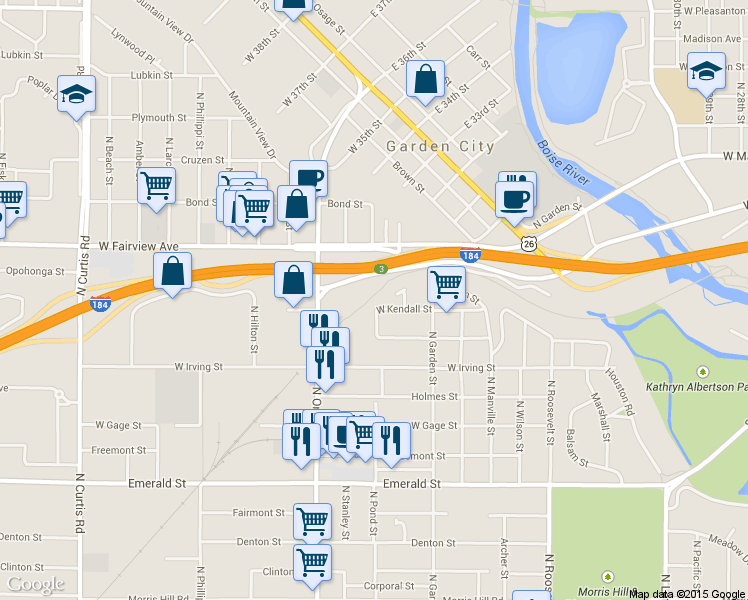 map of restaurants, bars, coffee shops, grocery stores, and more near 4822 West Kendall Street in Boise
