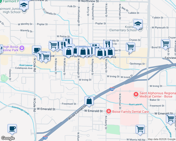 map of restaurants, bars, coffee shops, grocery stores, and more near 6703 West Colehaven Drive in Boise