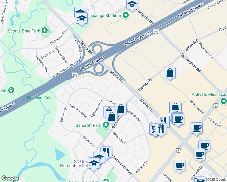 map of restaurants, bars, coffee shops, grocery stores, and more near 820 Clemens Crescent in Mississauga