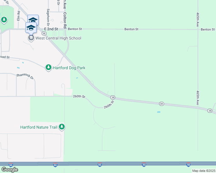map of restaurants, bars, coffee shops, grocery stores, and more near 46434 South Dakota 38 in Hartford