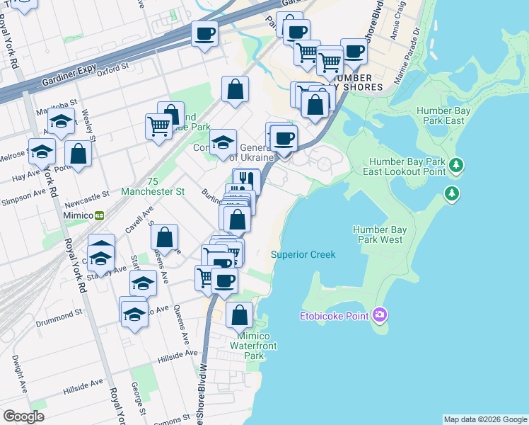 map of restaurants, bars, coffee shops, grocery stores, and more near 2313 Lake Shore Boulevard West in Toronto