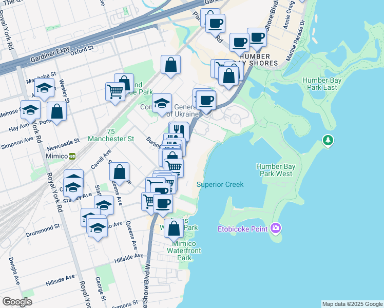 map of restaurants, bars, coffee shops, grocery stores, and more near 2313 Lake Shore Boulevard West in Toronto