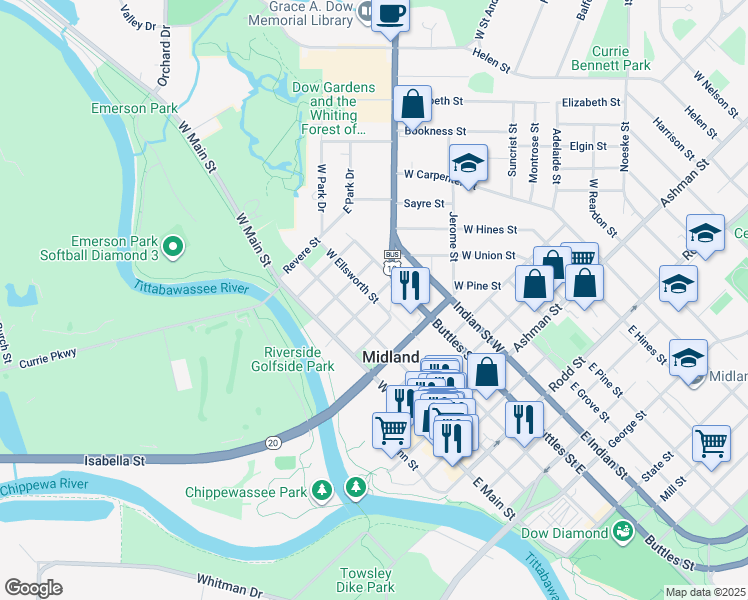 map of restaurants, bars, coffee shops, grocery stores, and more near 599 West Ellsworth Street in Midland