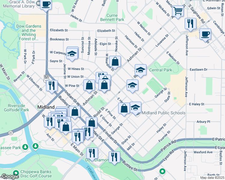 map of restaurants, bars, coffee shops, grocery stores, and more near 1005 Rodd Street in Midland