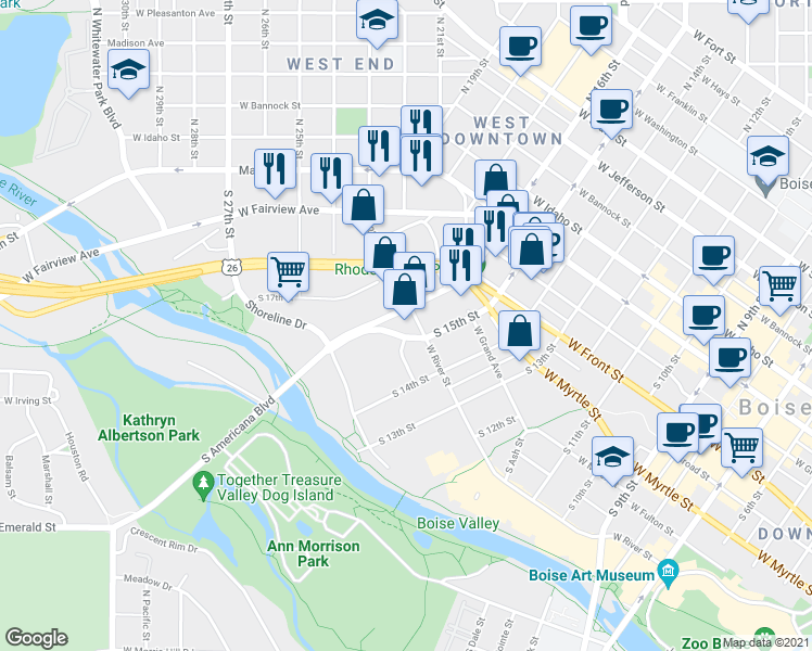 map of restaurants, bars, coffee shops, grocery stores, and more near 610 South Americana Boulevard in Boise