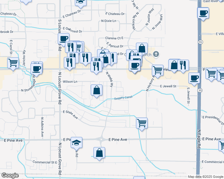 map of restaurants, bars, coffee shops, grocery stores, and more near 2255 East Fairview Avenue in Meridian