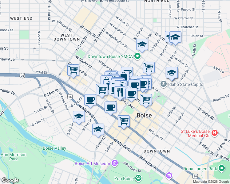 map of restaurants, bars, coffee shops, grocery stores, and more near in Boise
