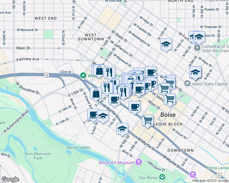 map of restaurants, bars, coffee shops, grocery stores, and more near 1204 U.S. 20 in Boise