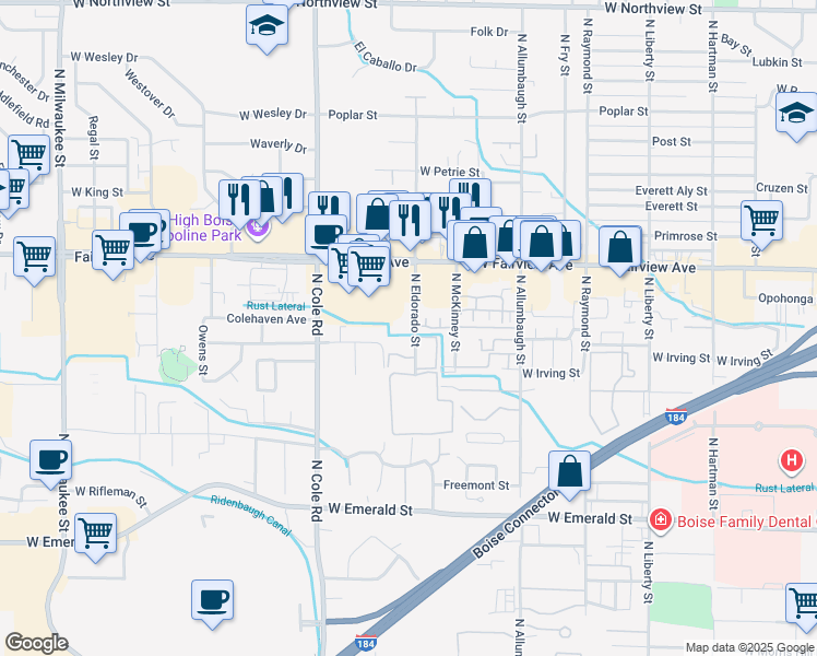 map of restaurants, bars, coffee shops, grocery stores, and more near 1327 North Eldorado Street in Boise