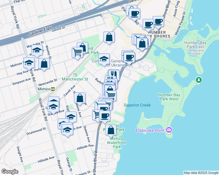 map of restaurants, bars, coffee shops, grocery stores, and more near 16 Burlington Street in Toronto