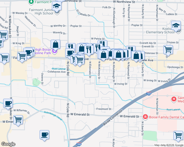 map of restaurants, bars, coffee shops, grocery stores, and more near 1370 North Eldorado Street in Boise