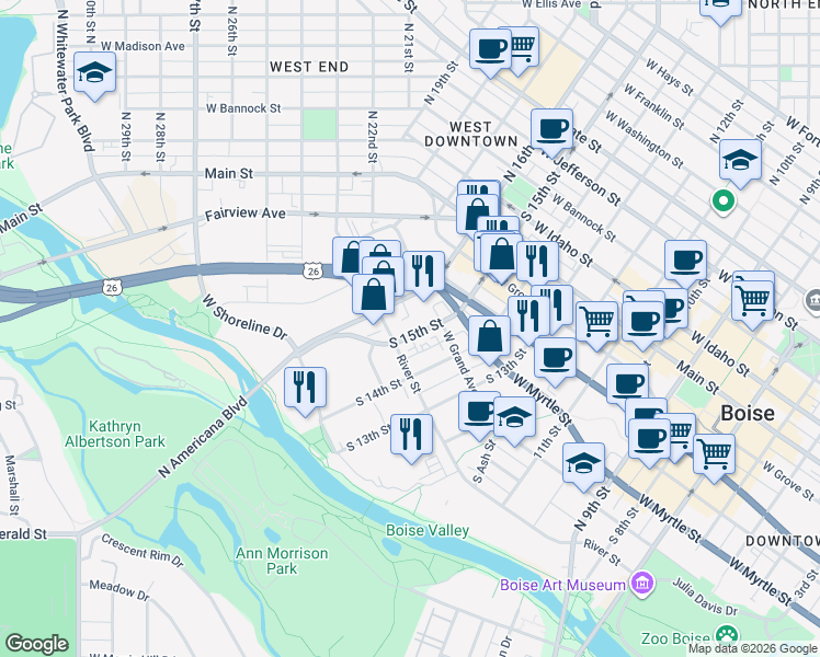 map of restaurants, bars, coffee shops, grocery stores, and more near 523 South 15th Street in Boise