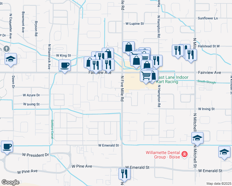 map of restaurants, bars, coffee shops, grocery stores, and more near 1331 North Five Mile Road in Boise