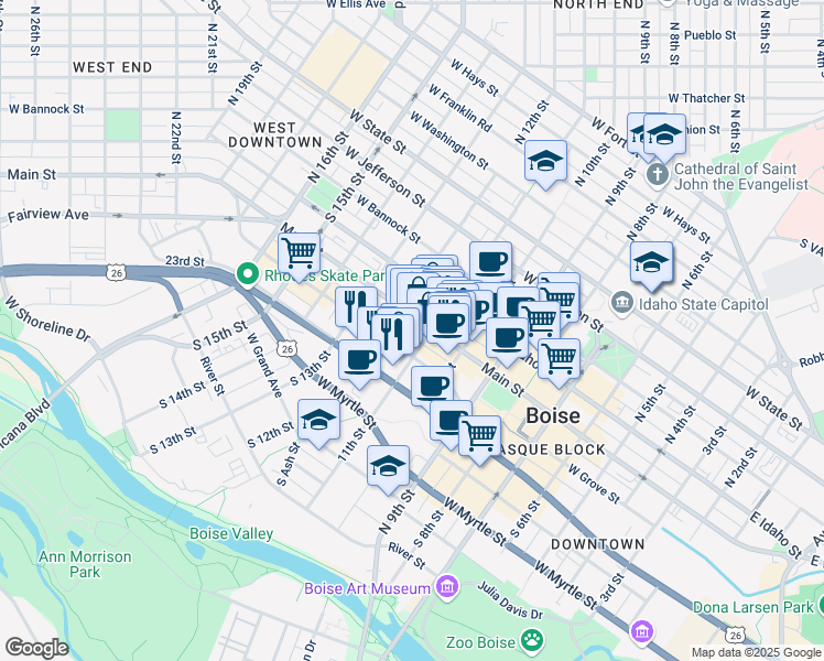 map of restaurants, bars, coffee shops, grocery stores, and more near 1111 West Grove Street in Boise