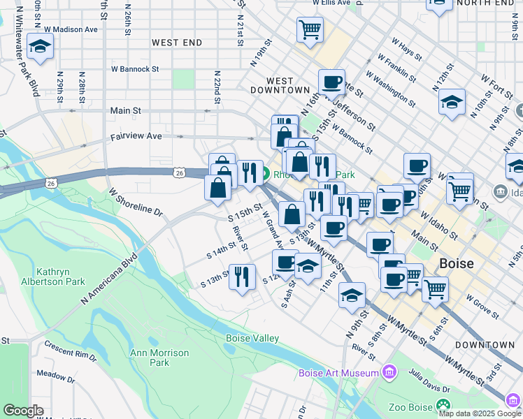 map of restaurants, bars, coffee shops, grocery stores, and more near 1411 West Grand Avenue in Boise