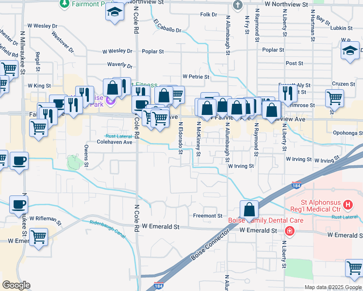 map of restaurants, bars, coffee shops, grocery stores, and more near 1327 North Eldorado Street in Boise